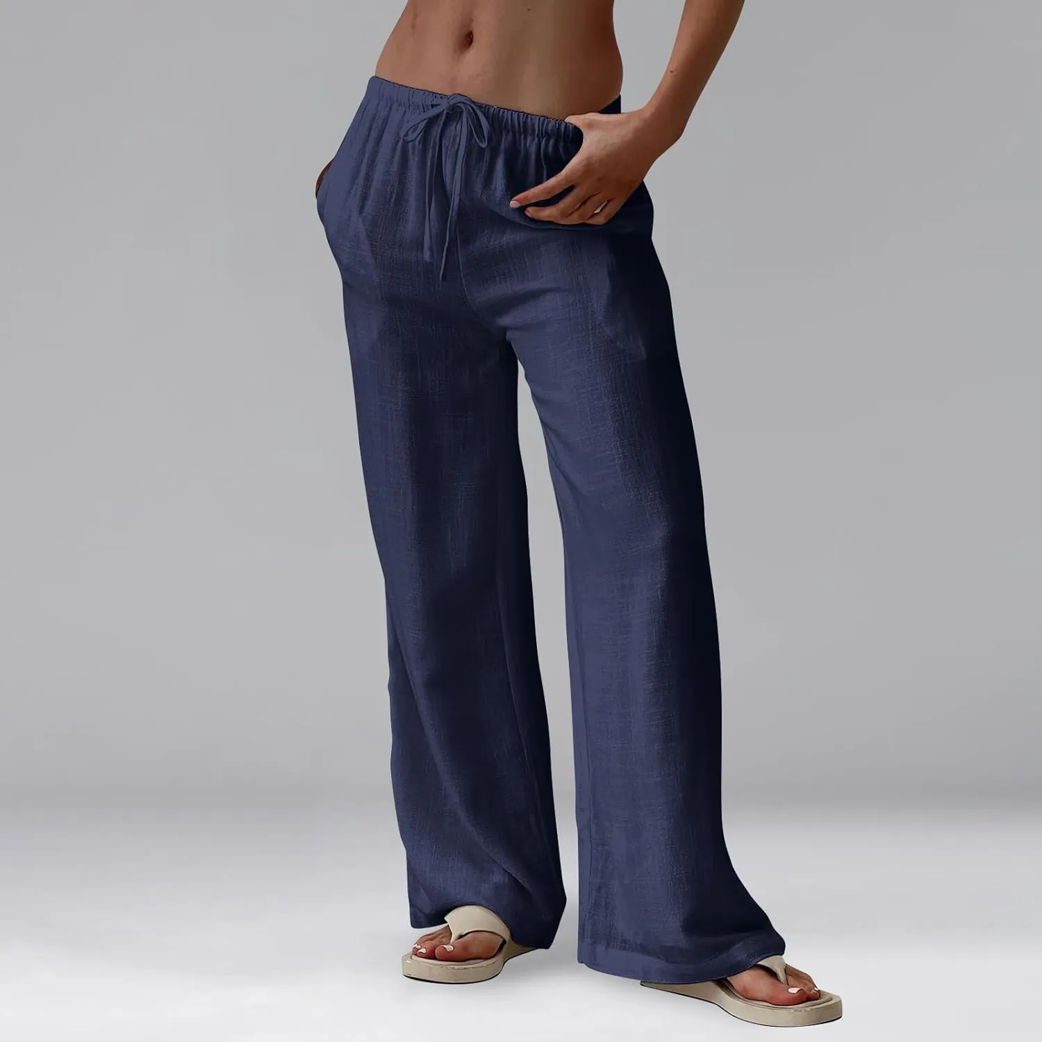 Baggy Wide Leg Linen Pants for Women Elastic High Waisted Pants Summer Beach Vacation Gauze Pants with Pockets
