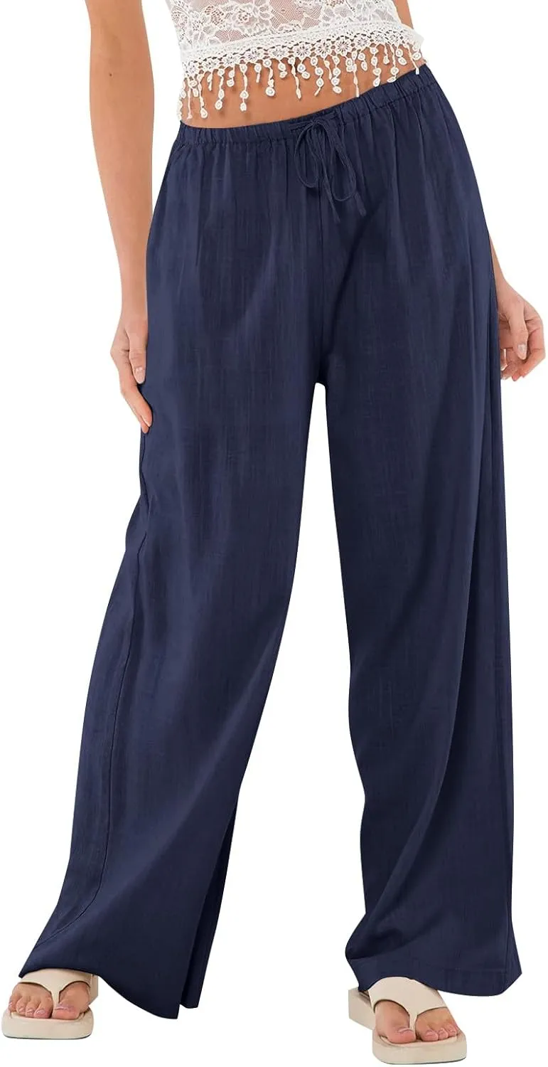 Baggy Wide Leg Linen Pants for Women Elastic High Waisted Pants Summer Beach Vacation Gauze Pants with Pockets