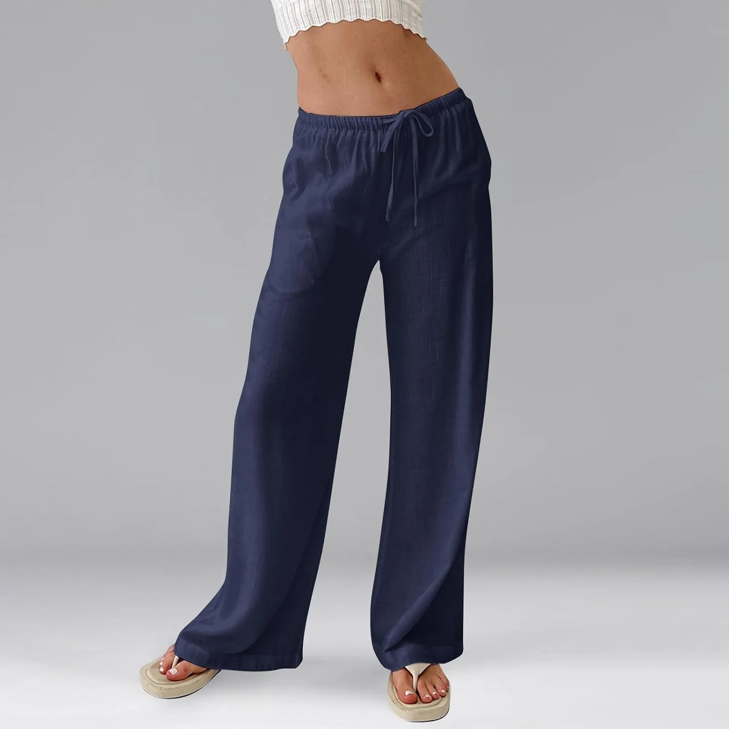Baggy Wide Leg Linen Pants for Women Elastic High Waisted Pants Summer Beach Vacation Gauze Pants with Pockets