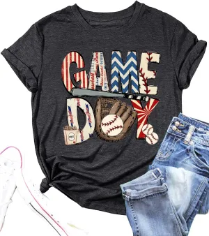 Baseball Game Day Tshirt Women Funny Letter Print Baseball Mom Shirt Vintage Graphic Tee Casual Short Sleeve Tops