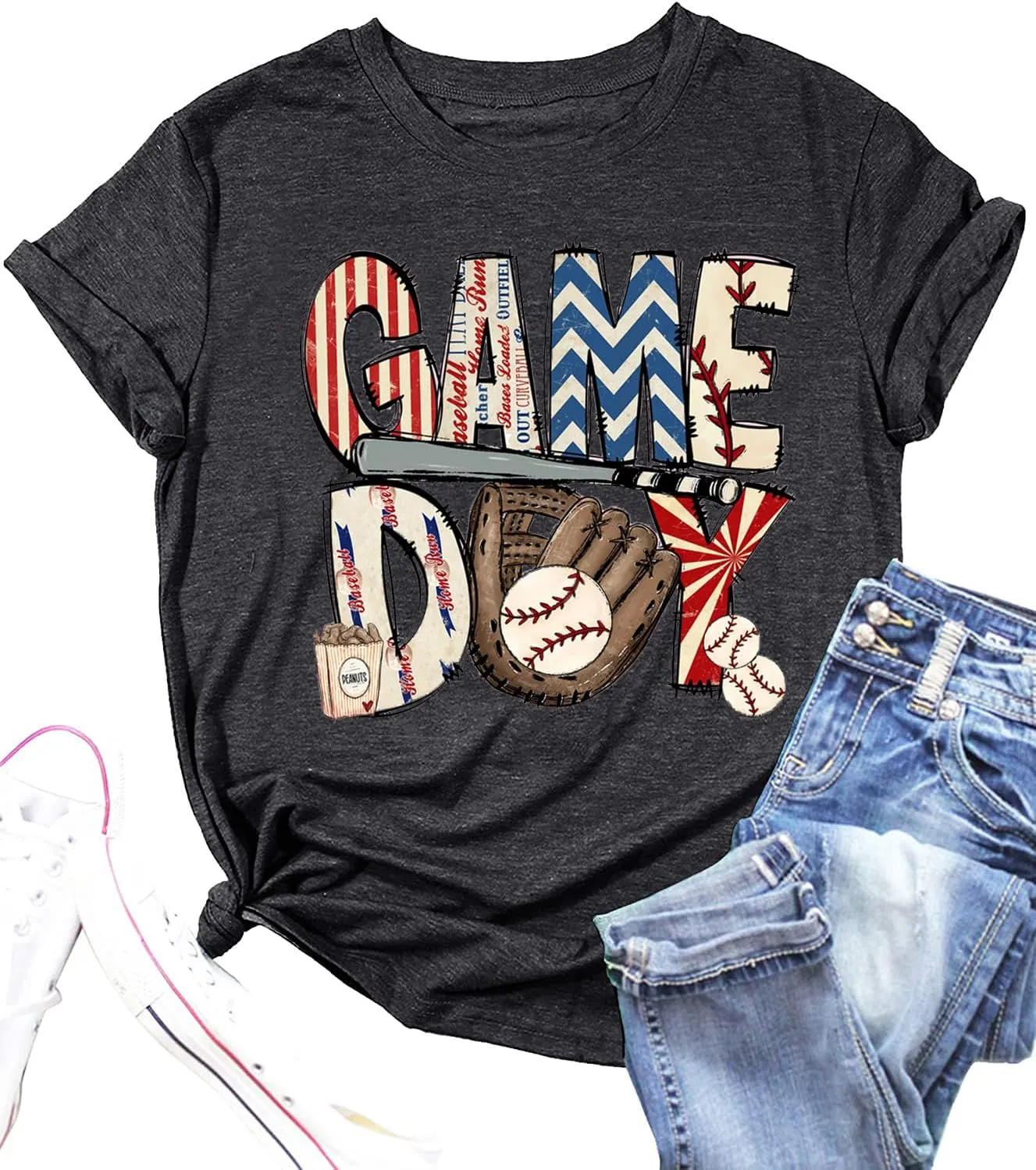 Baseball Game Day Tshirt Women Funny Letter Print Baseball Mom Shirt Vintage Graphic Tee Casual Short Sleeve Tops