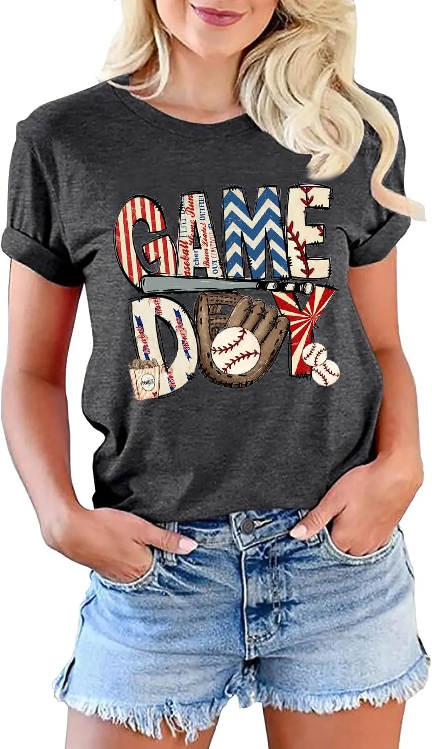 Baseball Game Day Tshirt Women Funny Letter Print Baseball Mom Shirt Vintage Graphic Tee Casual Short Sleeve Tops
