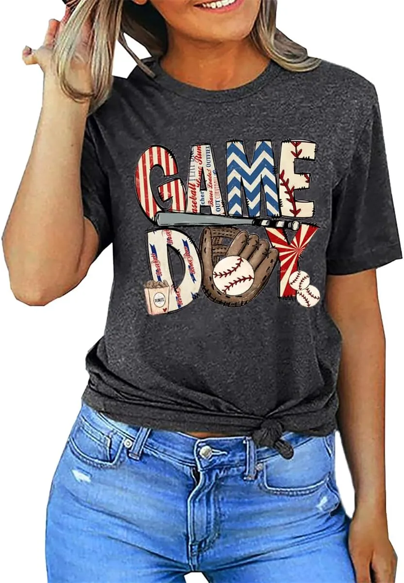 Baseball Game Day Tshirt Women Funny Letter Print Baseball Mom Shirt Vintage Graphic Tee Casual Short Sleeve Tops