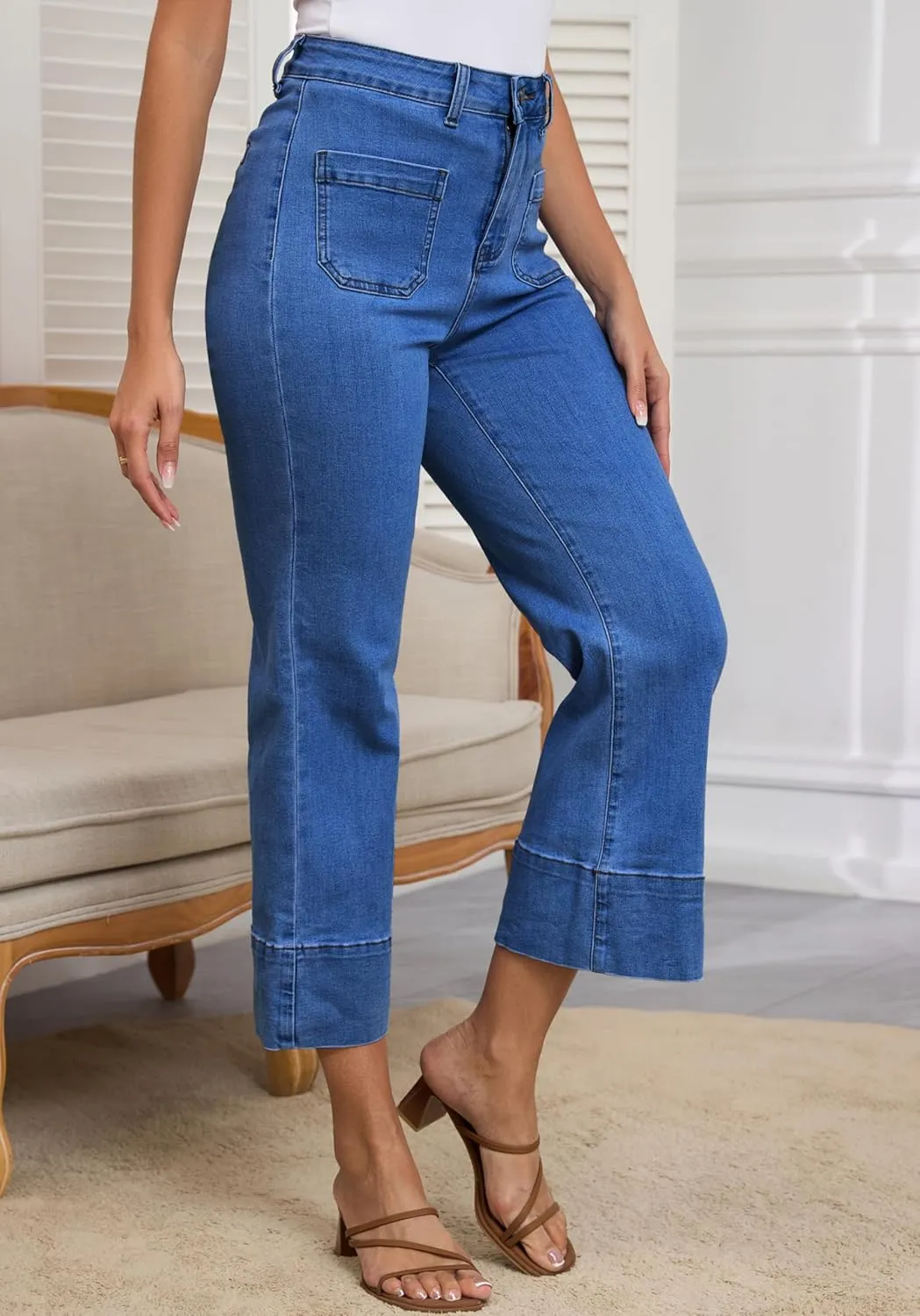 Bell Bottom Jeans for Women Cropped Stretchy High Waist Loose Casual Women Stretch Jeans