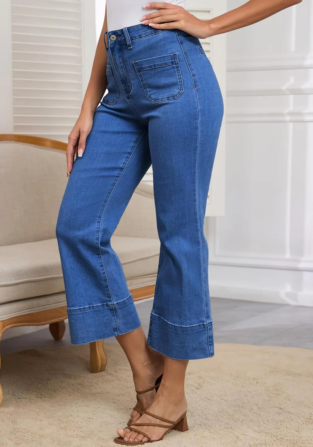 Bell Bottom Jeans for Women Cropped Stretchy High Waist Loose Casual Women Stretch Jeans