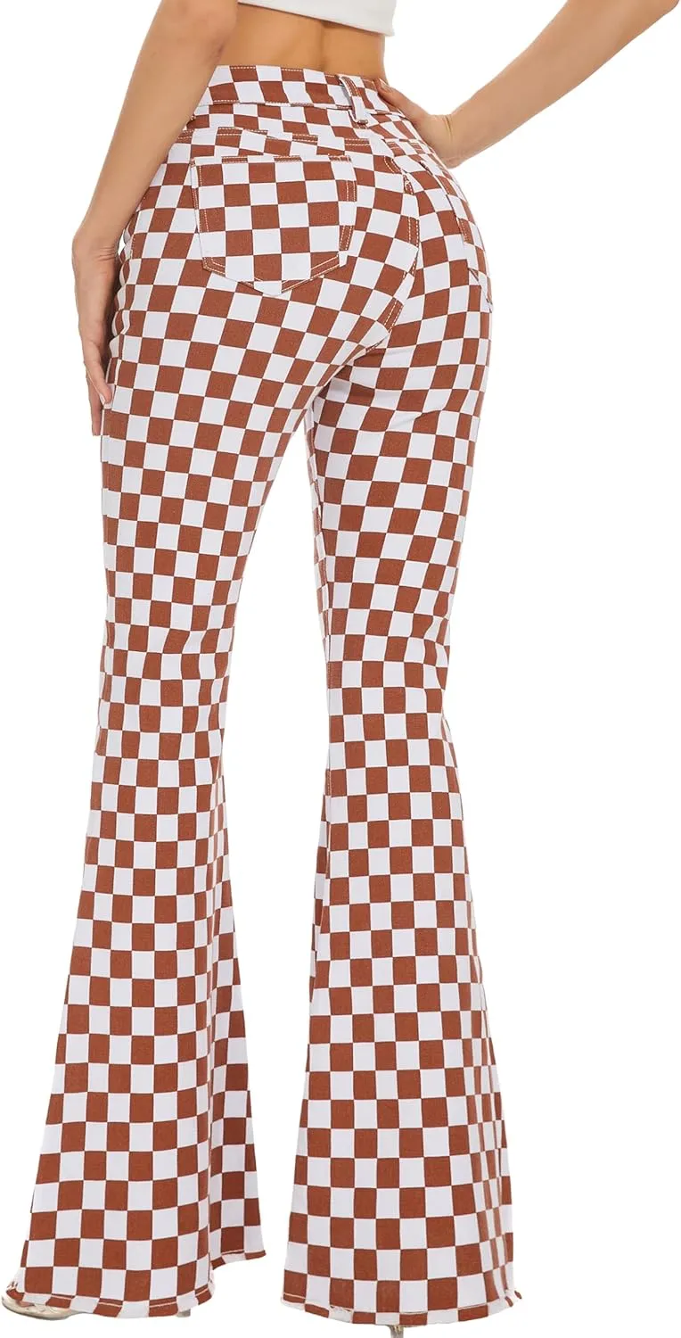 Bell Bottom Jeans for Women High Waisted Stretch Plaid Flare Jeans Denim Bootcut Pants