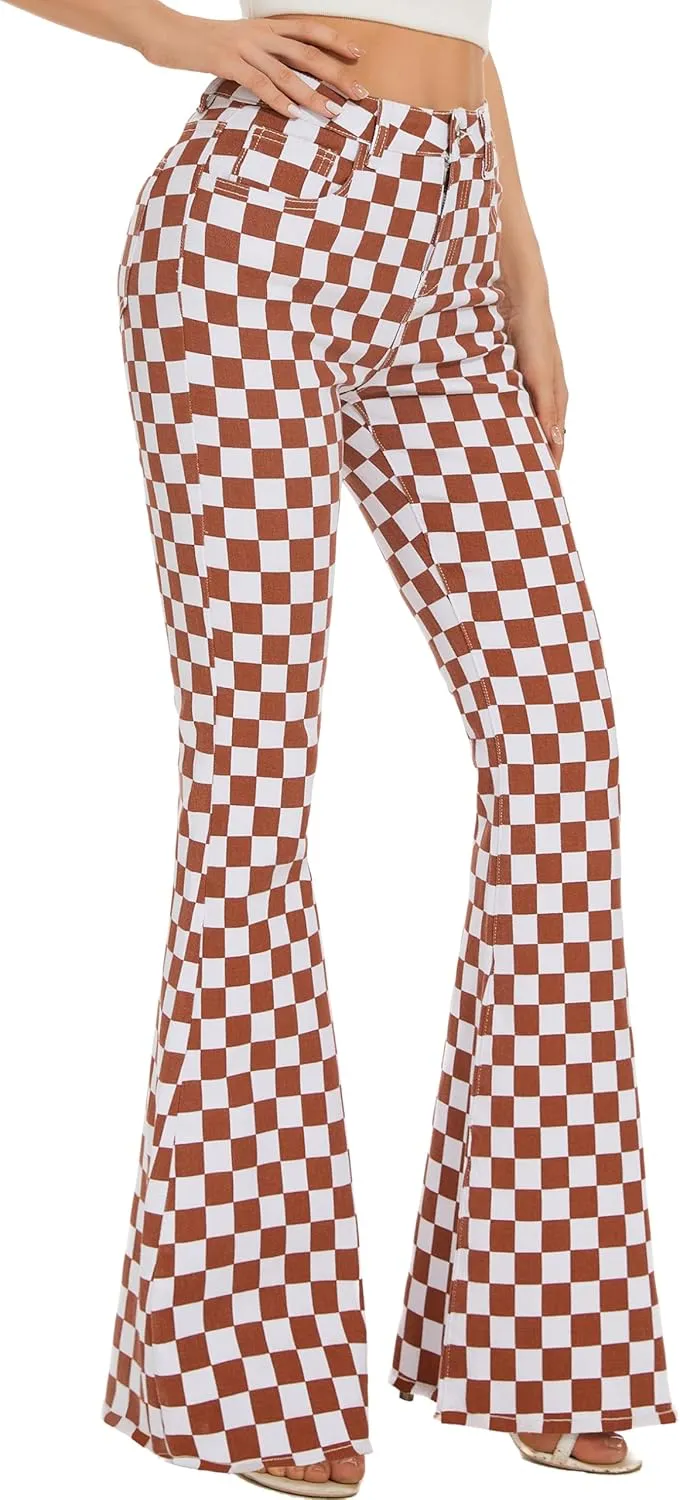 Bell Bottom Jeans for Women High Waisted Stretch Plaid Flare Jeans Denim Bootcut Pants