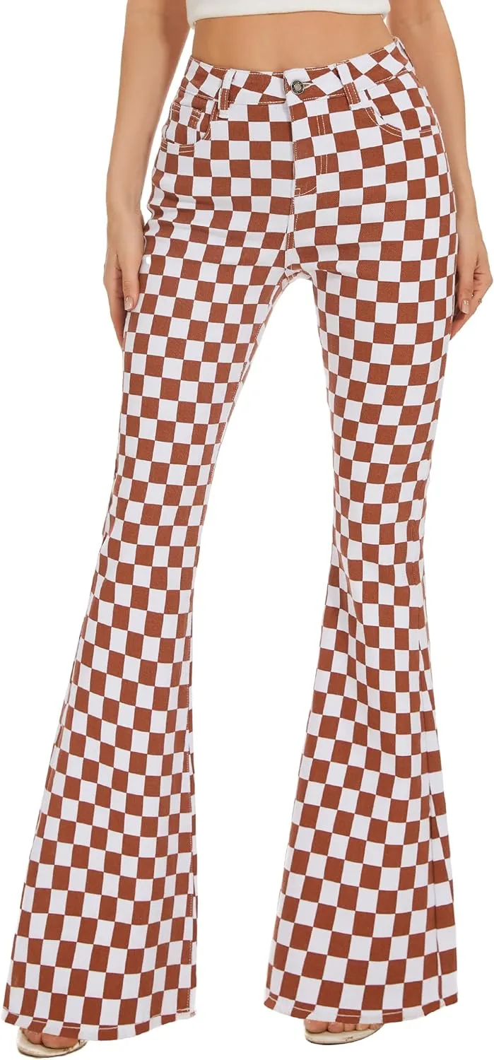 Bell Bottom Jeans for Women High Waisted Stretch Plaid Flare Jeans Denim Bootcut Pants