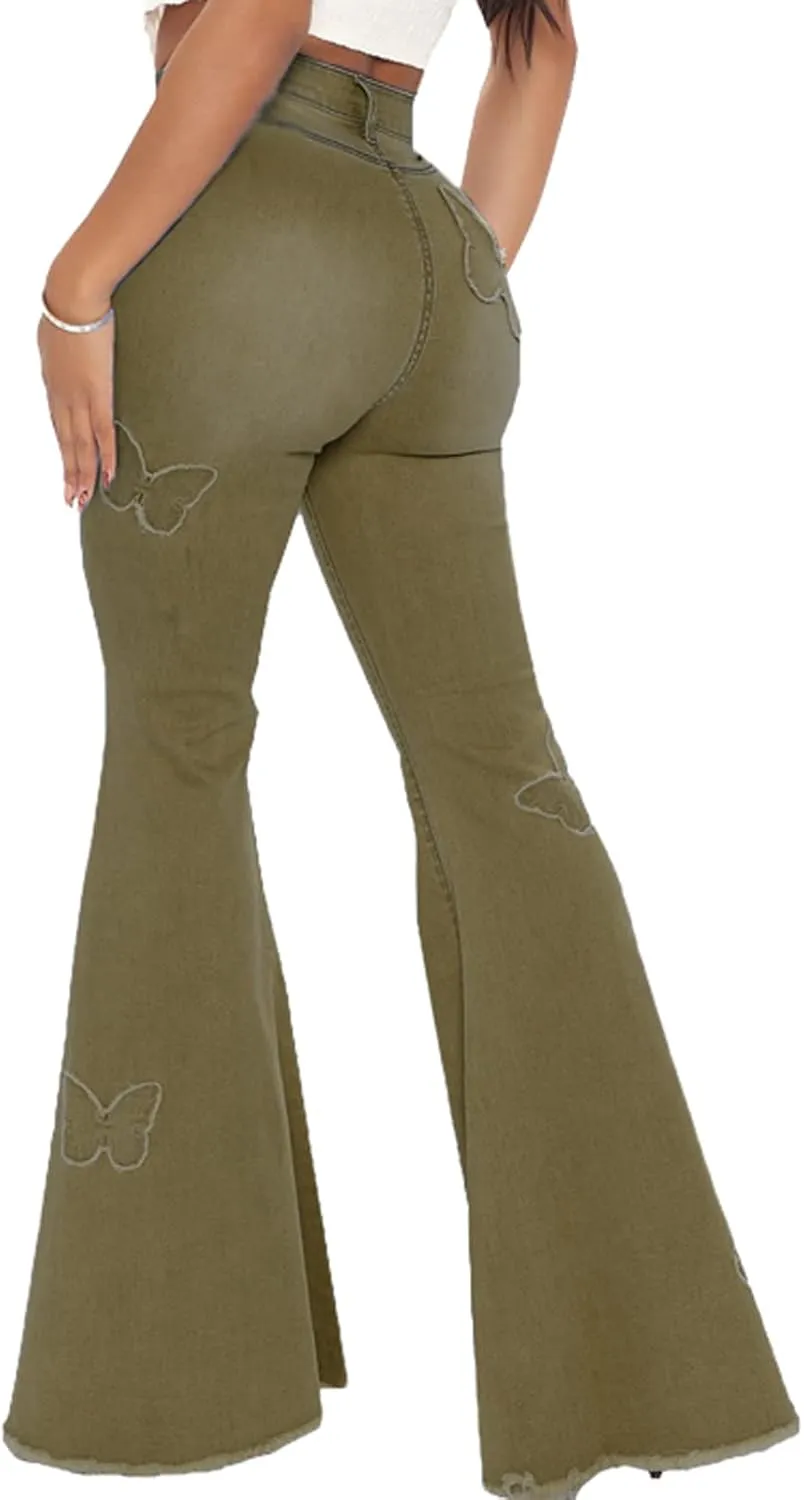 Bell Bottom Jeans for Women Vintage High Waisted Ripped Hole Raw Hem Denim Flare Jeans Pants