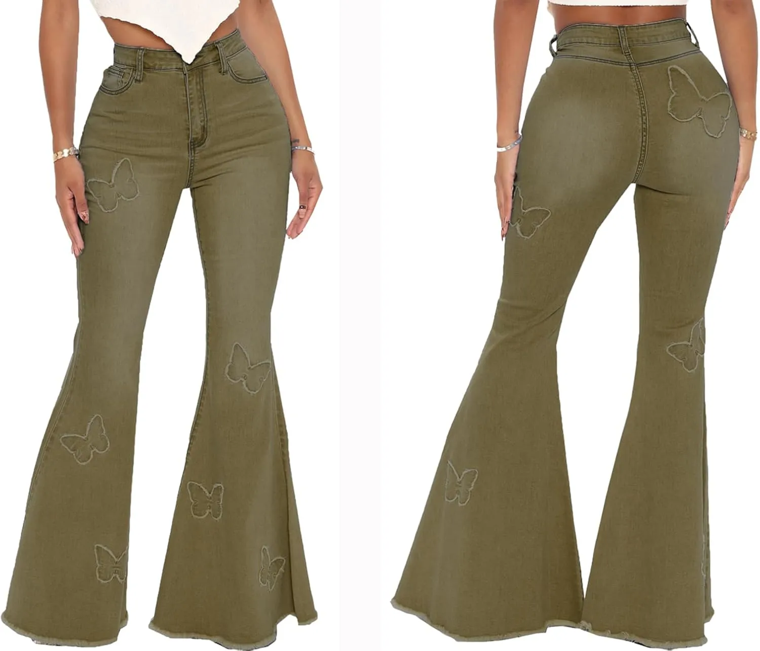 Bell Bottom Jeans for Women Vintage High Waisted Ripped Hole Raw Hem Denim Flare Jeans Pants