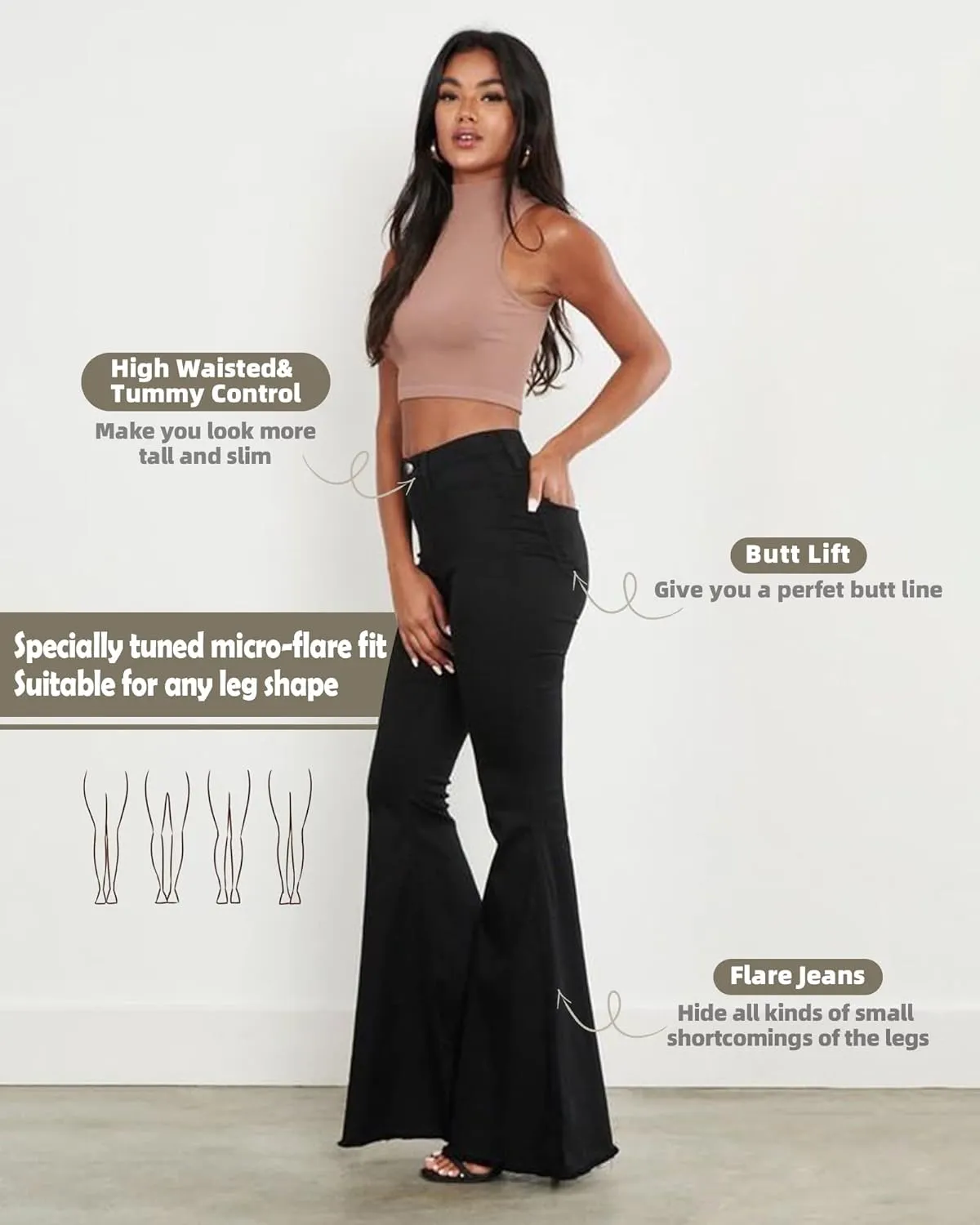 BISUAL Women's Fashion High Rise Jeans Slimming Wide Leg Stretch Denim Flare Bellbottom Jeans