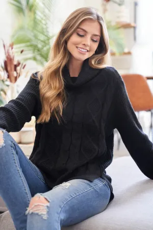 BLACK LONG RAGLAN CUFFED SLEEVE COWL NECK WITH DETAILED FRONT KNIT SWEATER