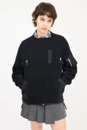 Black Wool & Nylon Panelled Mock Neck Sweater