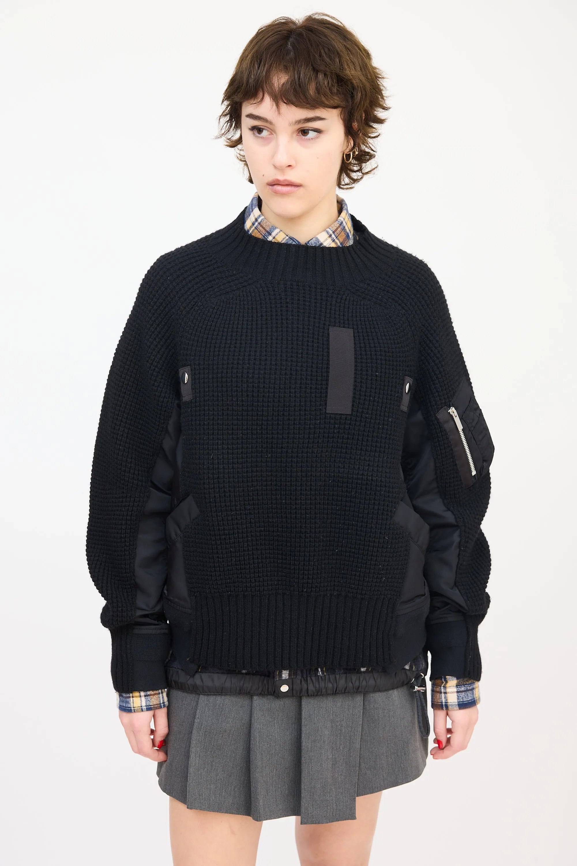 Black Wool & Nylon Panelled Mock Neck Sweater