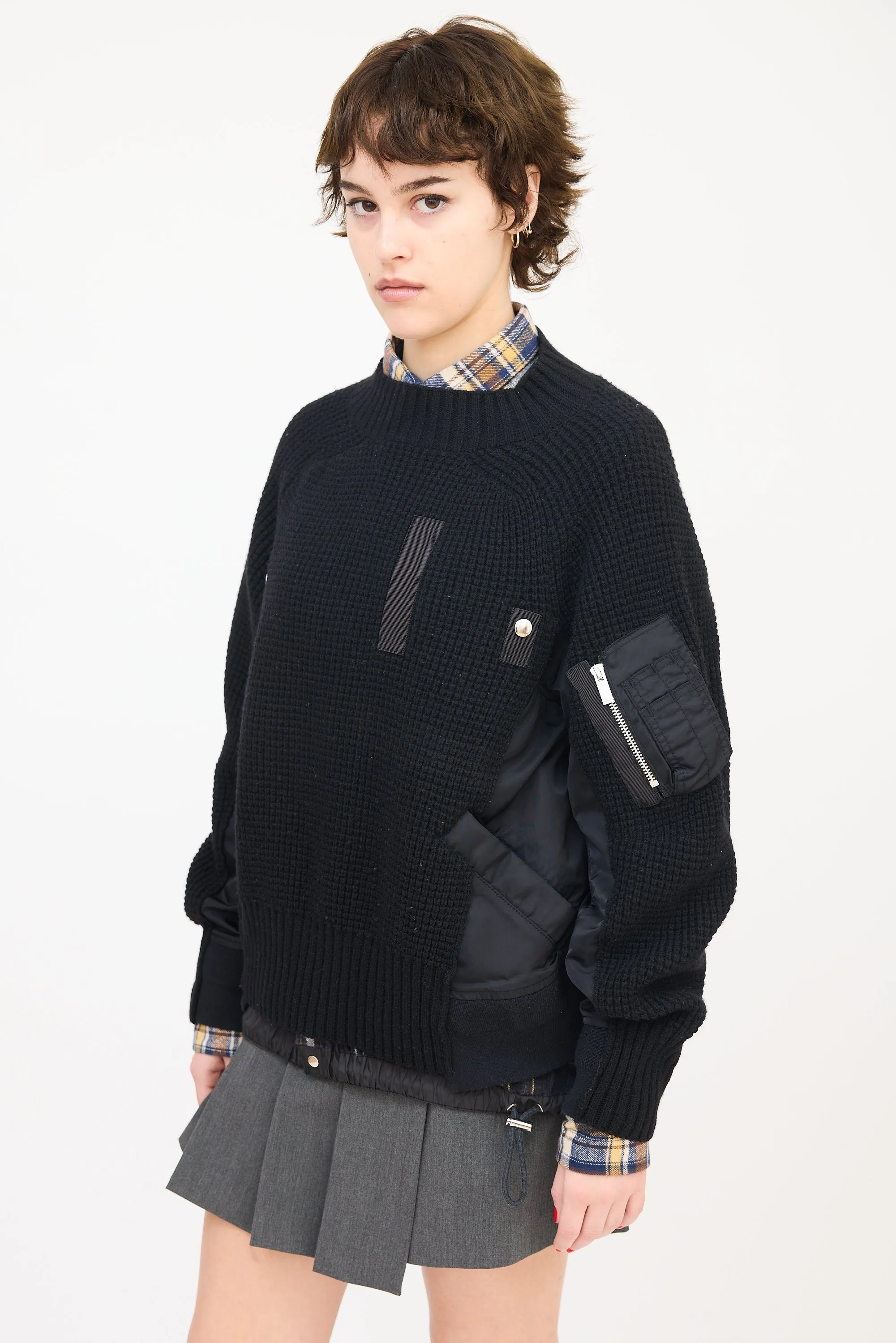 Black Wool & Nylon Panelled Mock Neck Sweater