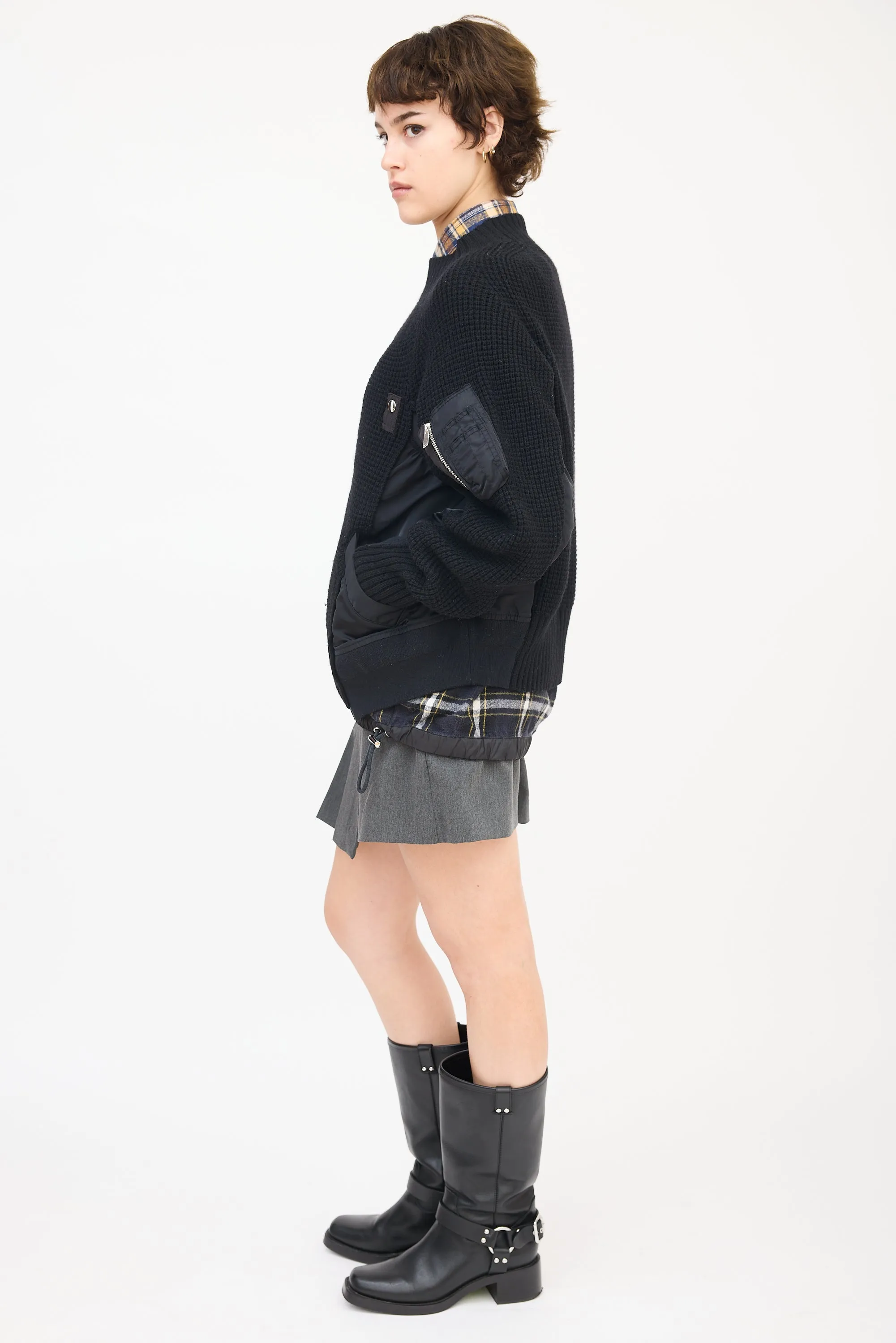 Black Wool & Nylon Panelled Mock Neck Sweater