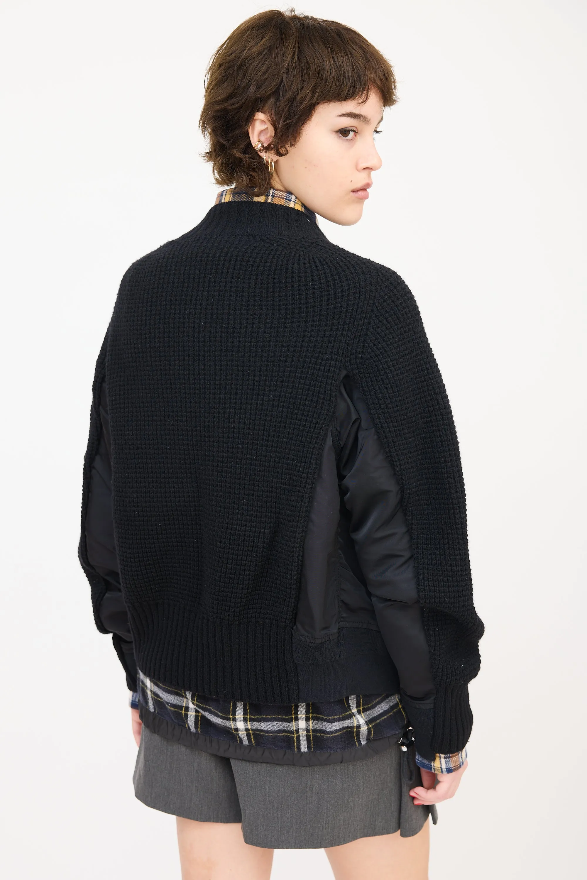Black Wool & Nylon Panelled Mock Neck Sweater