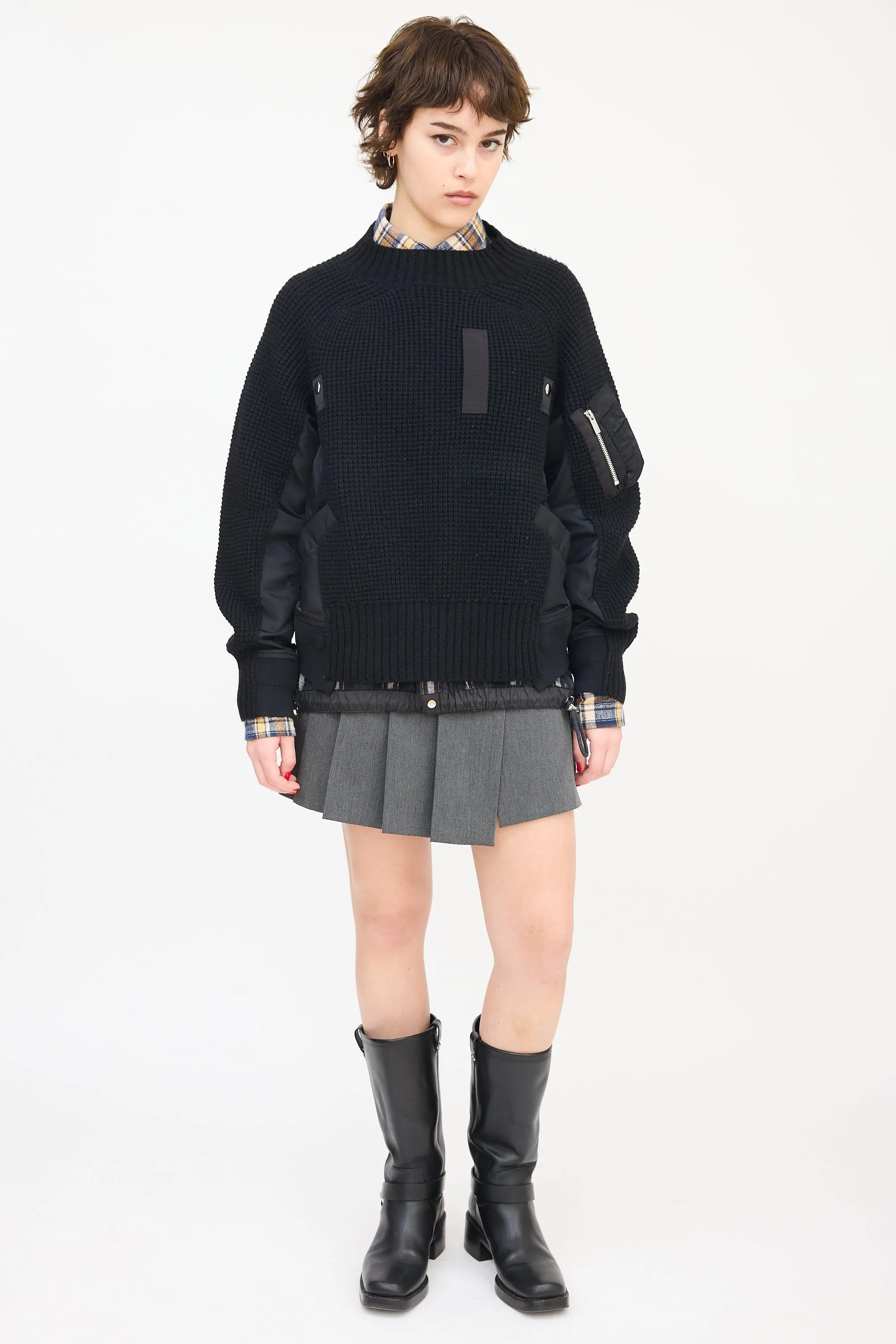 Black Wool & Nylon Panelled Mock Neck Sweater
