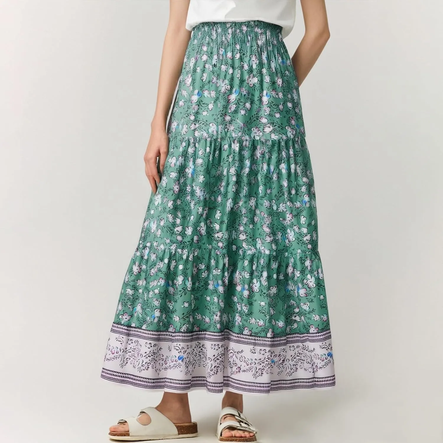 Boho Maxi Skirt for Women 2025 Casual Smocked High Waisted Long Flowy Skirts Plus Size A line Tiered Summer Skirt