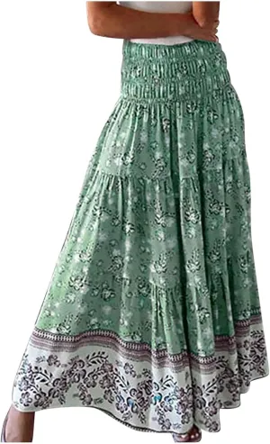 Boho Maxi Skirt for Women 2025 Casual Smocked High Waisted Long Flowy Skirts Plus Size A line Tiered Summer Skirt