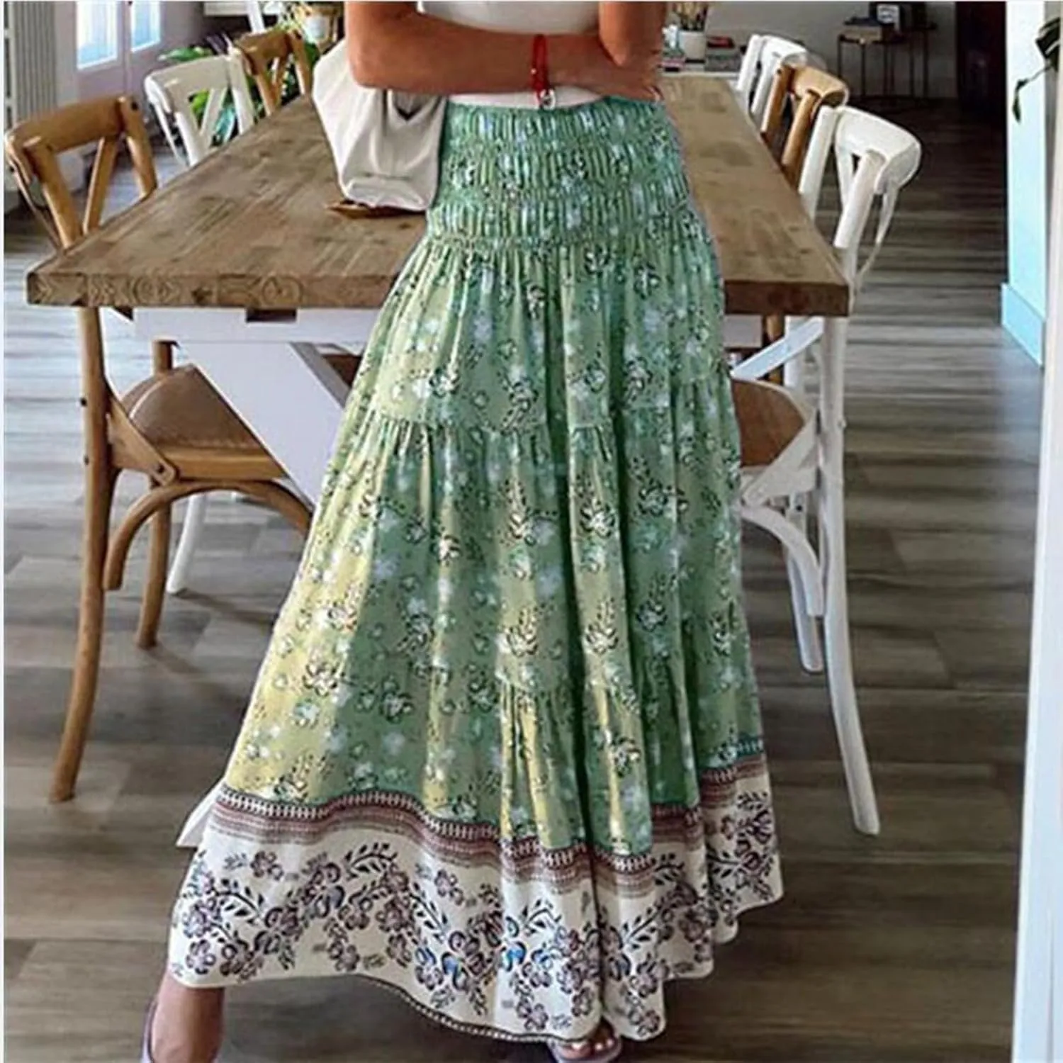 Boho Maxi Skirt for Women 2025 Casual Smocked High Waisted Long Flowy Skirts Plus Size A line Tiered Summer Skirt