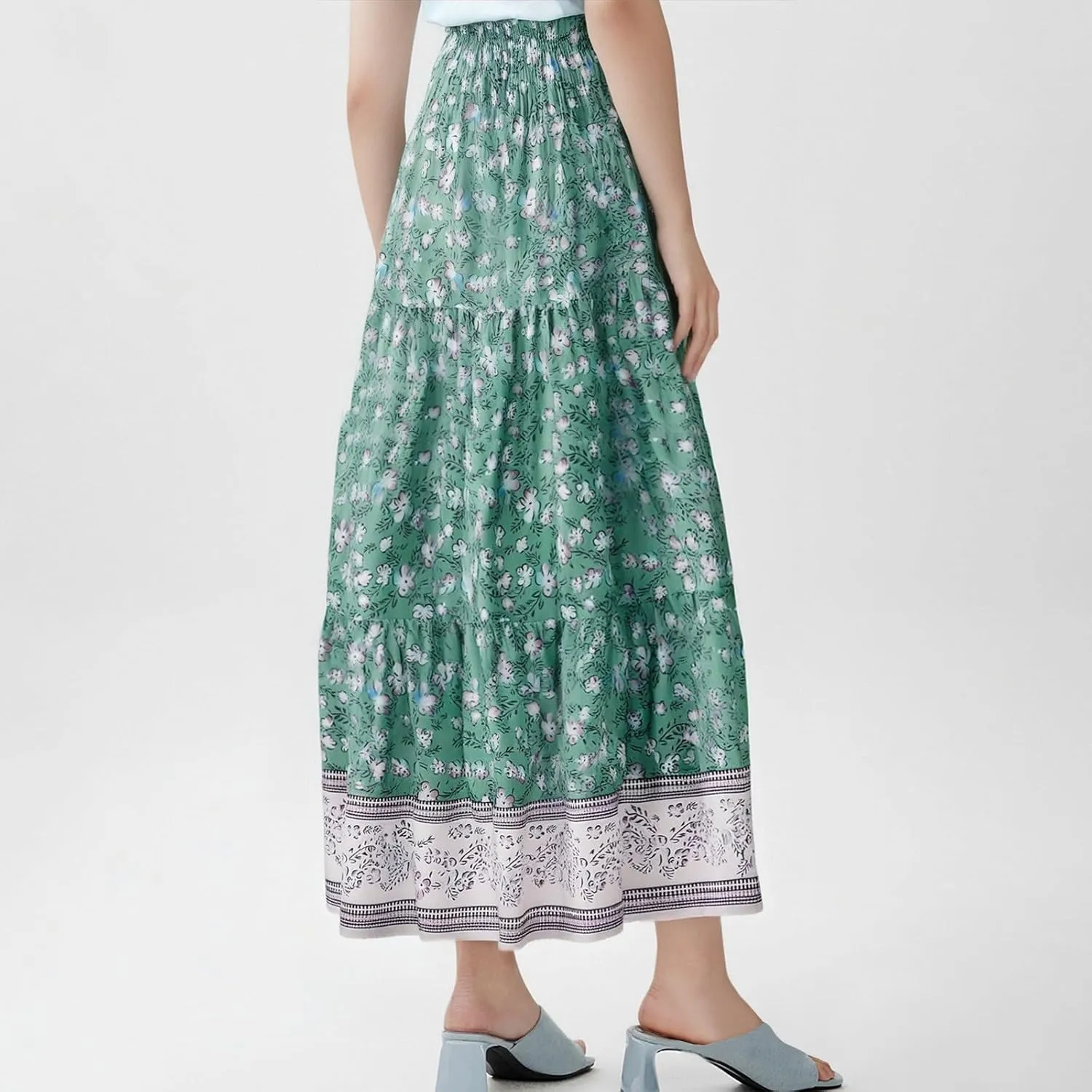 Boho Maxi Skirt for Women 2025 Casual Smocked High Waisted Long Flowy Skirts Plus Size A line Tiered Summer Skirt