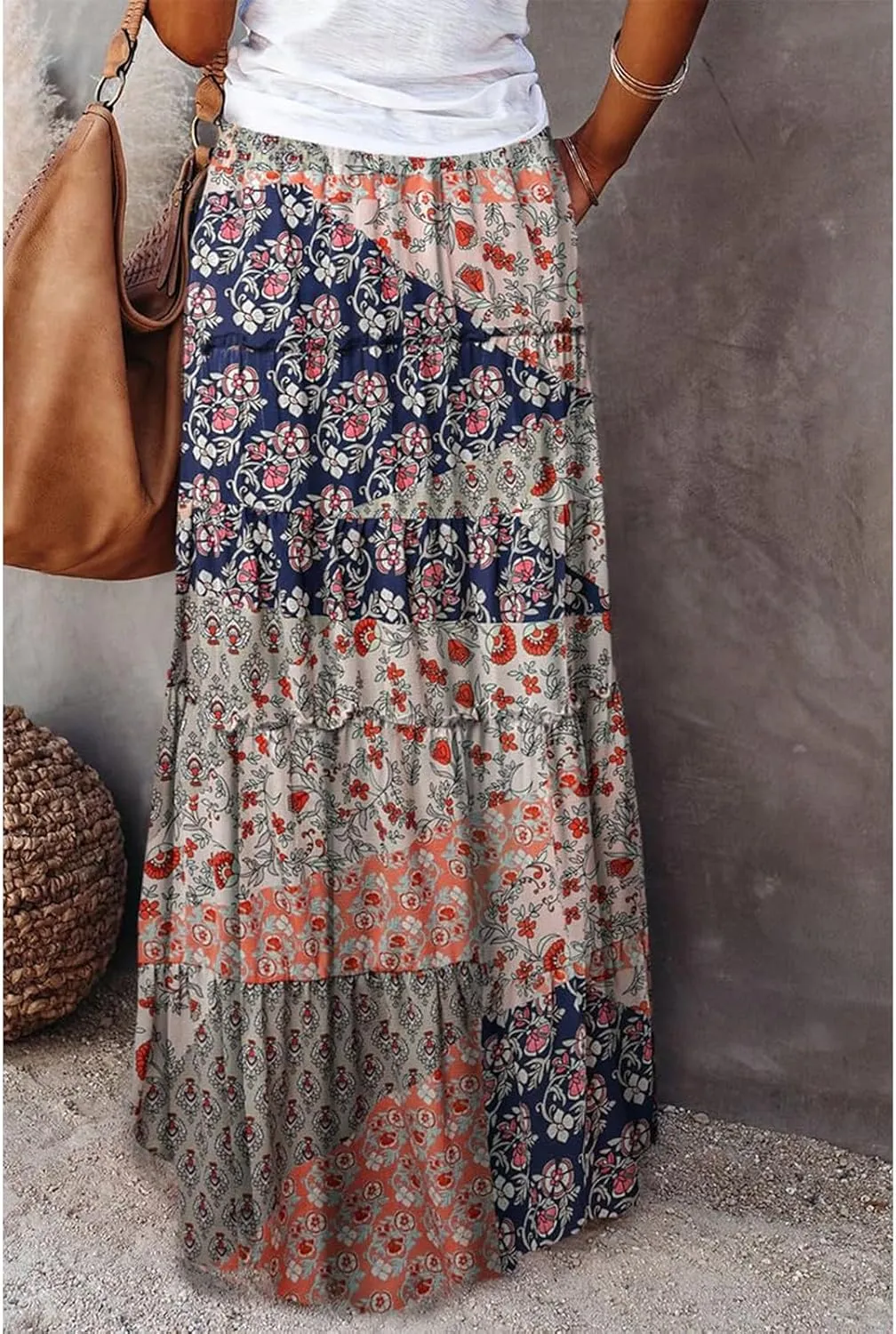 Boho Maxi Skirts for Women Casual High Waisted Tiered A Line Skirt Pleated Ruffle Hem Flowy Long Skirts with Pockets