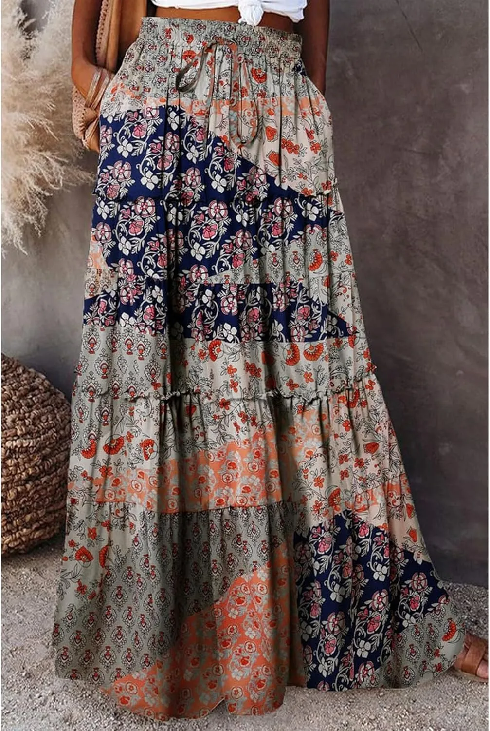 Boho Maxi Skirts for Women Casual High Waisted Tiered A Line Skirt Pleated Ruffle Hem Flowy Long Skirts with Pockets