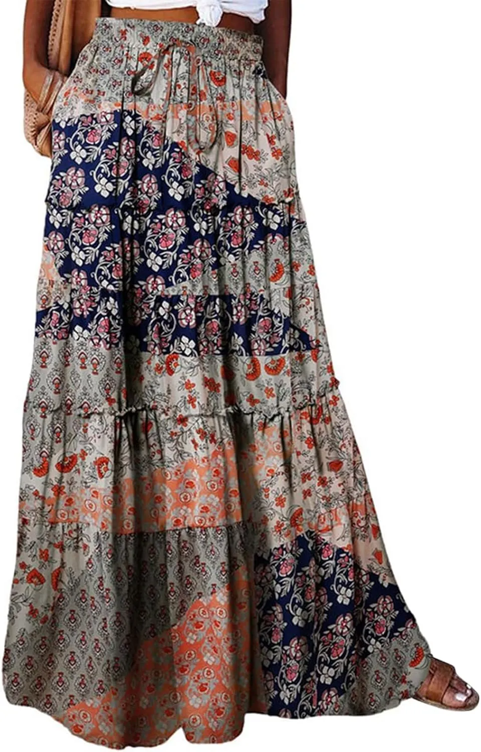 Boho Maxi Skirts for Women Casual High Waisted Tiered A Line Skirt Pleated Ruffle Hem Flowy Long Skirts with Pockets