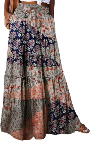 Boho Maxi Skirts for Women Casual High Waisted Tiered A Line Skirt Pleated Ruffle Hem Flowy Long Skirts with Pockets