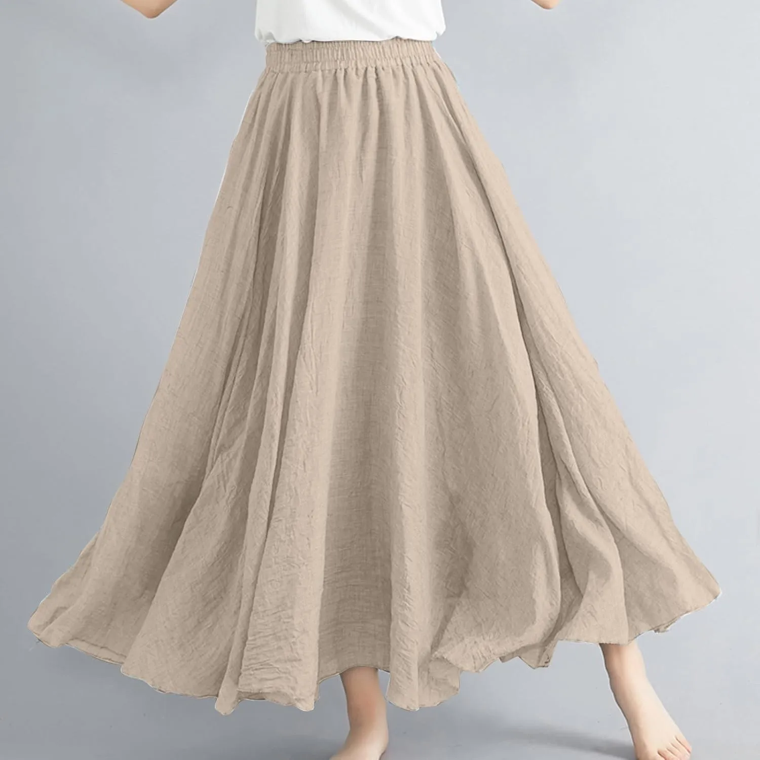 Boho Skirts for Women Pleated A-Line Flowy Swing Maxi Skirts Comfy Linen Long Skirt Casual Elastic Waist Skirt