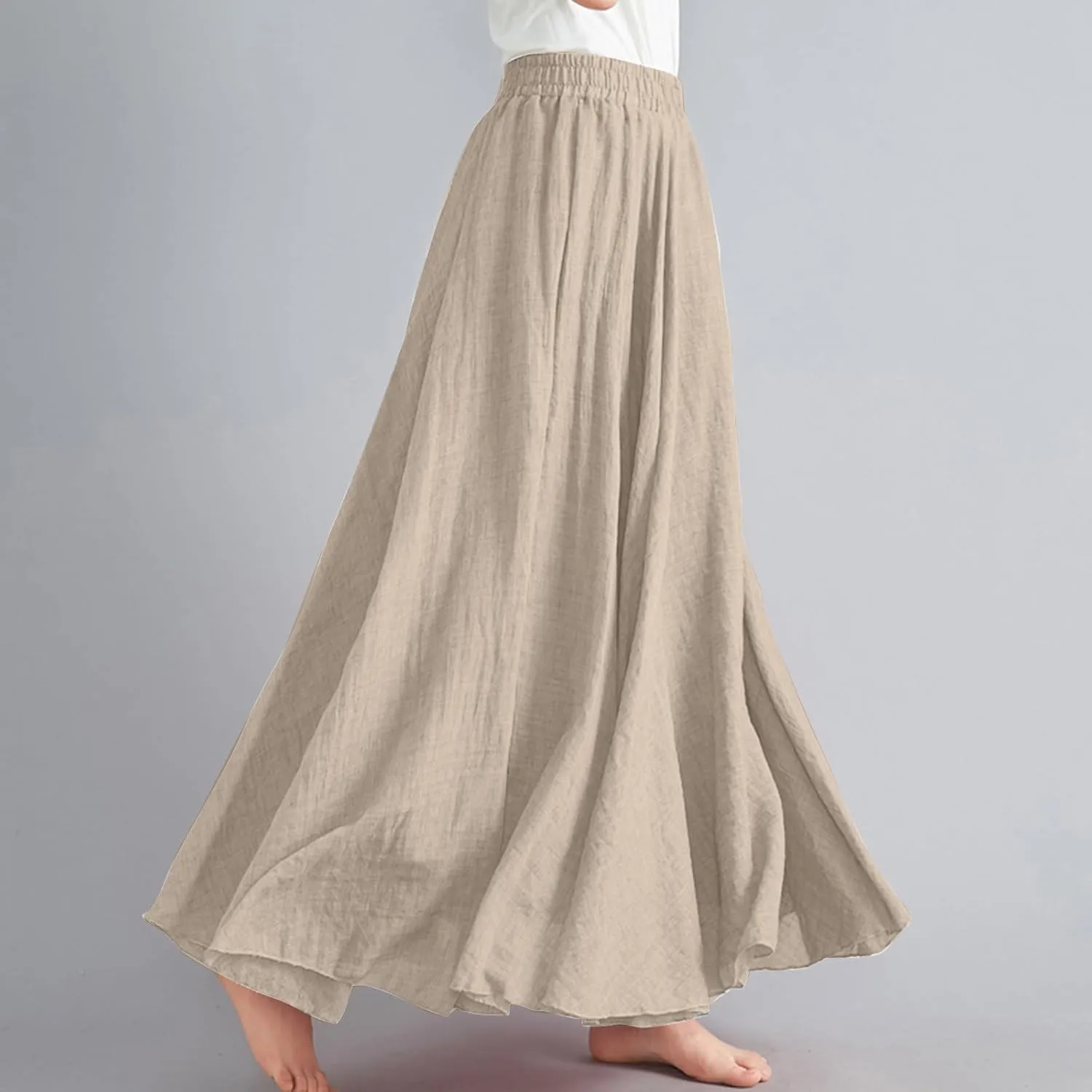 Boho Skirts for Women Pleated A-Line Flowy Swing Maxi Skirts Comfy Linen Long Skirt Casual Elastic Waist Skirt