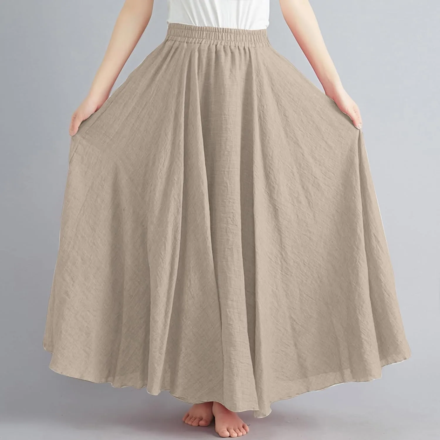 Boho Skirts for Women Pleated A-Line Flowy Swing Maxi Skirts Comfy Linen Long Skirt Casual Elastic Waist Skirt
