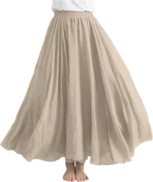 Boho Skirts for Women Pleated A-Line Flowy Swing Maxi Skirts Comfy Linen Long Skirt Casual Elastic Waist Skirt