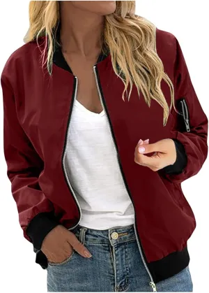 Bomber Jacket Coats for Women Causal Zip Up Long Sleeve Stand Collar Jackets 2024 Fall Lightweight Outerwear
