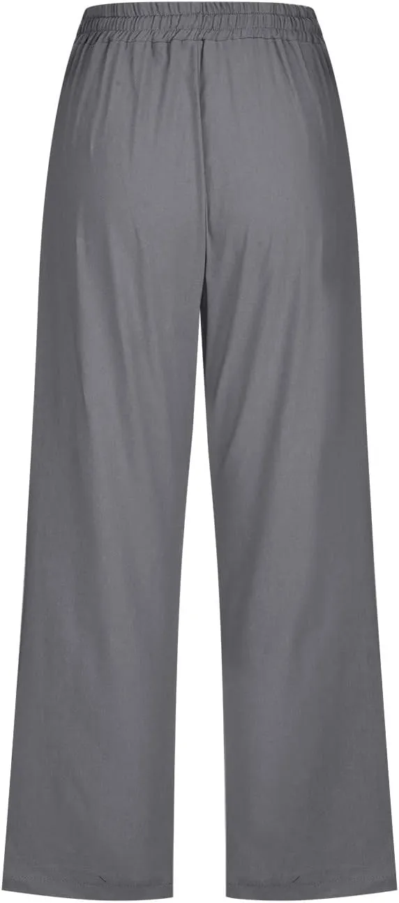 Capri Linen Pants for Women Summer Casual Wide Leg Pants Loose Fit Palazzo Pants Elastic Waist Cropped Trousers S-5X