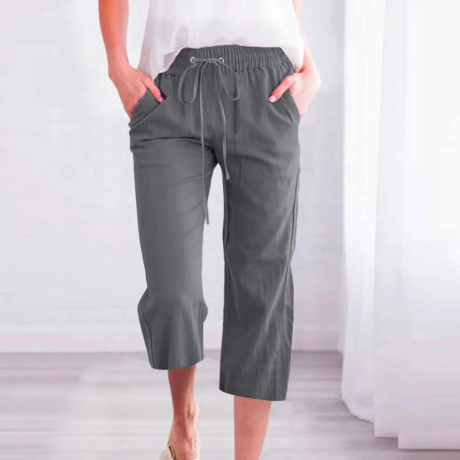 Capri Linen Pants for Women Summer Casual Wide Leg Pants Loose Fit Palazzo Pants Elastic Waist Cropped Trousers S-5X