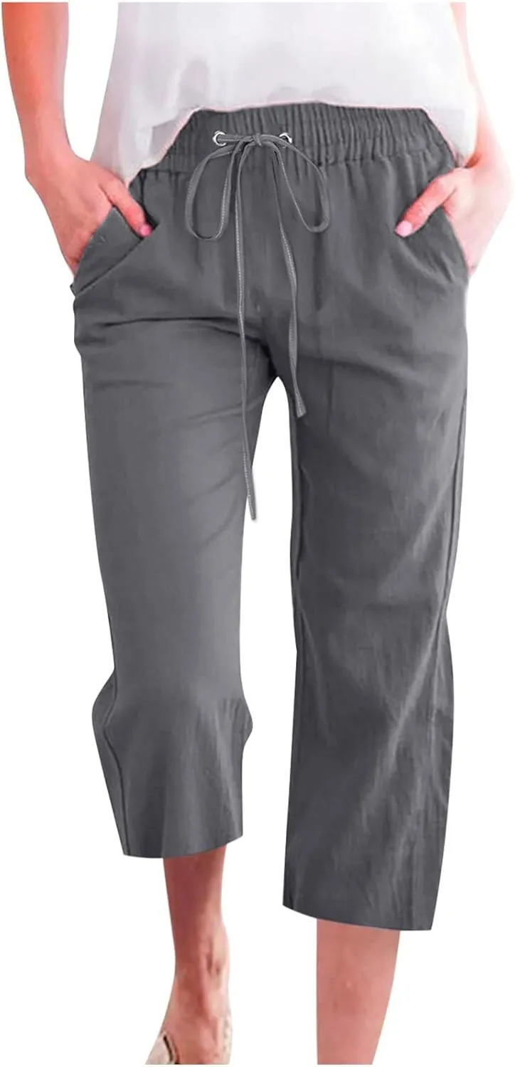 Capri Linen Pants for Women Summer Casual Wide Leg Pants Loose Fit Palazzo Pants Elastic Waist Cropped Trousers S-5X