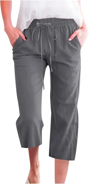 Capri Linen Pants for Women Summer Casual Wide Leg Pants Loose Fit Palazzo Pants Elastic Waist Cropped Trousers S-5X