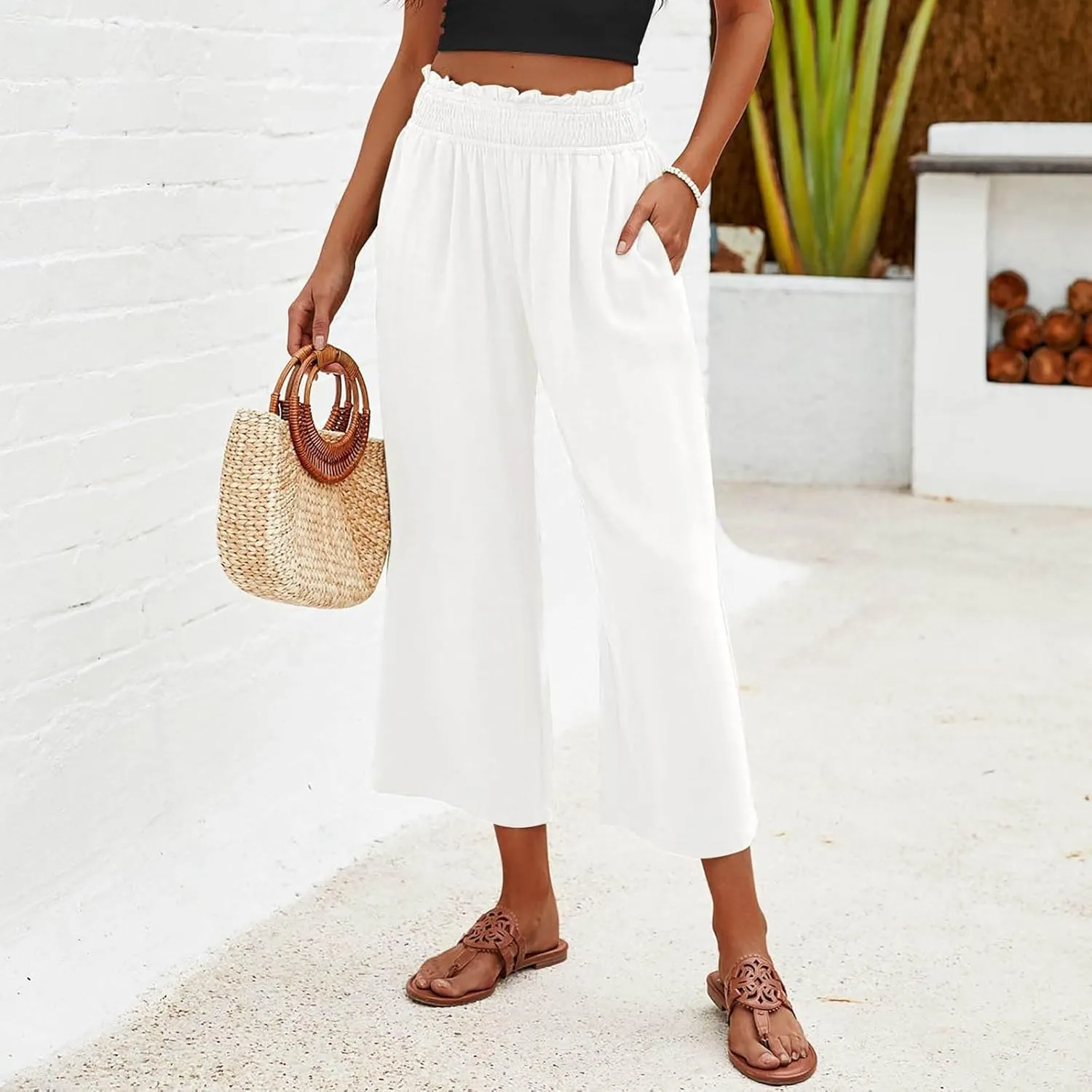 Capri Linen Pants for Women Summer Plus Size Elastic Waist Pants Straight Leg Lounge Pant Casual Cropped Pants