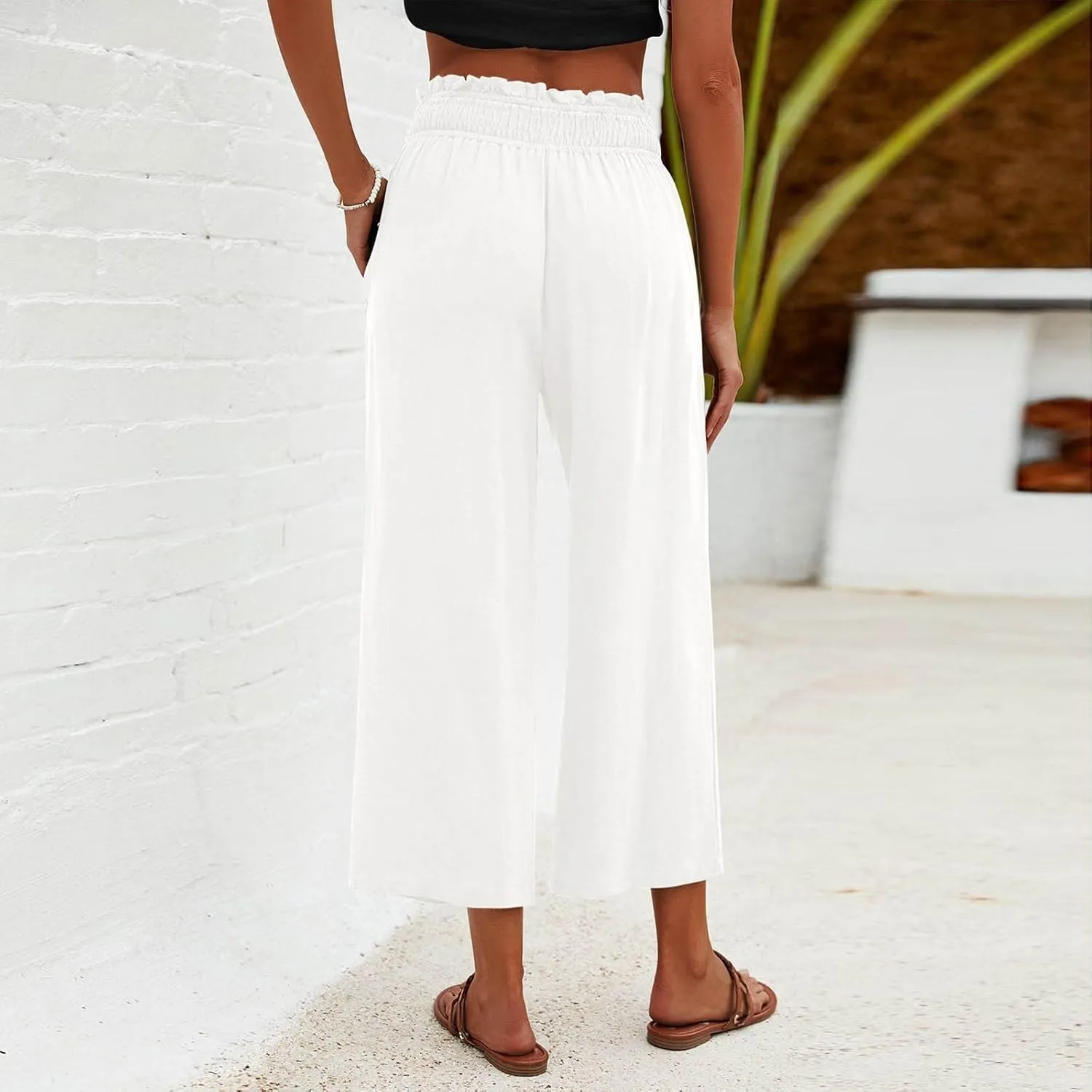 Capri Linen Pants for Women Summer Plus Size Elastic Waist Pants Straight Leg Lounge Pant Casual Cropped Pants