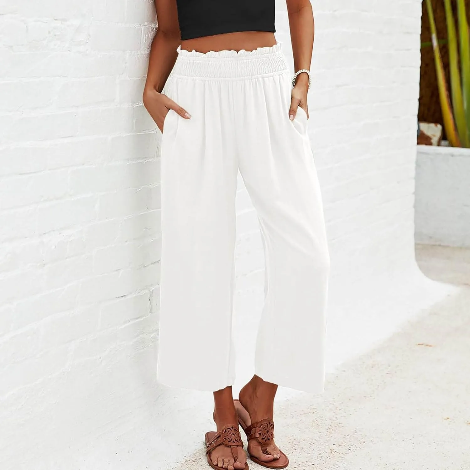 Capri Linen Pants for Women Summer Plus Size Elastic Waist Pants Straight Leg Lounge Pant Casual Cropped Pants