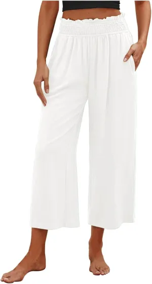 Capri Linen Pants for Women Summer Plus Size Elastic Waist Pants Straight Leg Lounge Pant Casual Cropped Pants