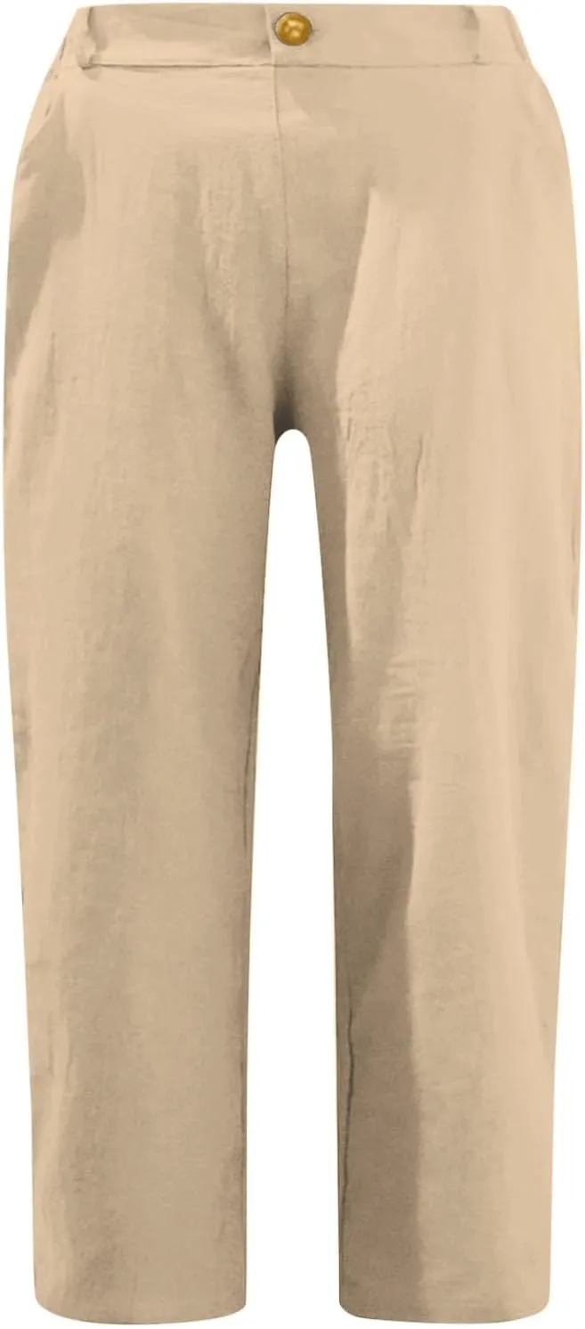 Capri Linen Pants Women Casual Elastic Waisted Trousers Stretchy Ladies Cropped Palazzo Pants Casual Summer 2025