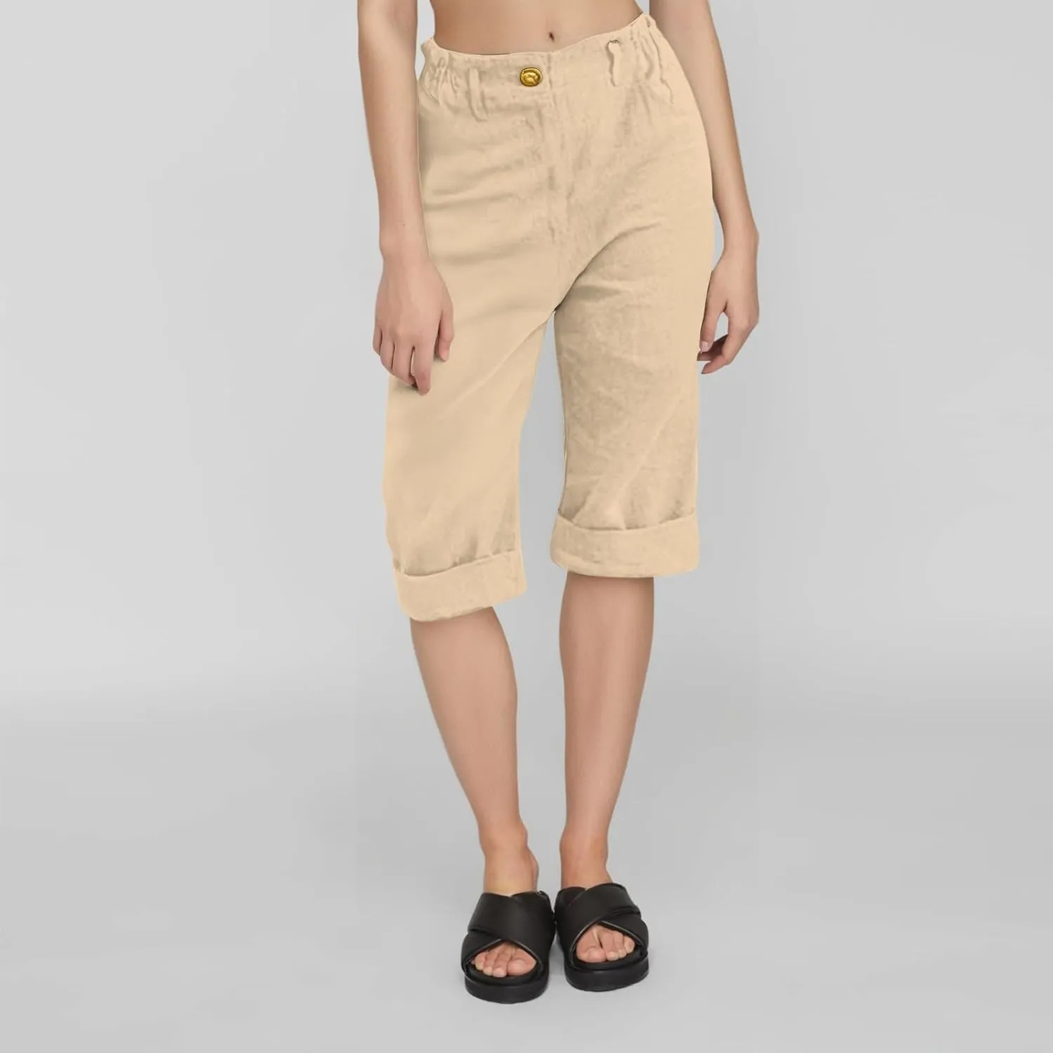 Capri Linen Pants Women Casual Elastic Waisted Trousers Stretchy Ladies Cropped Palazzo Pants Casual Summer 2025