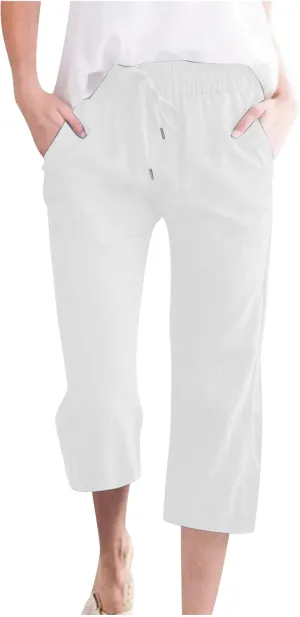 Capri Pants for Women Cotton Linen Summer Pants Elastic Waist Drawstring Wide Leg Capris Beach Travel Vacation Outfits
