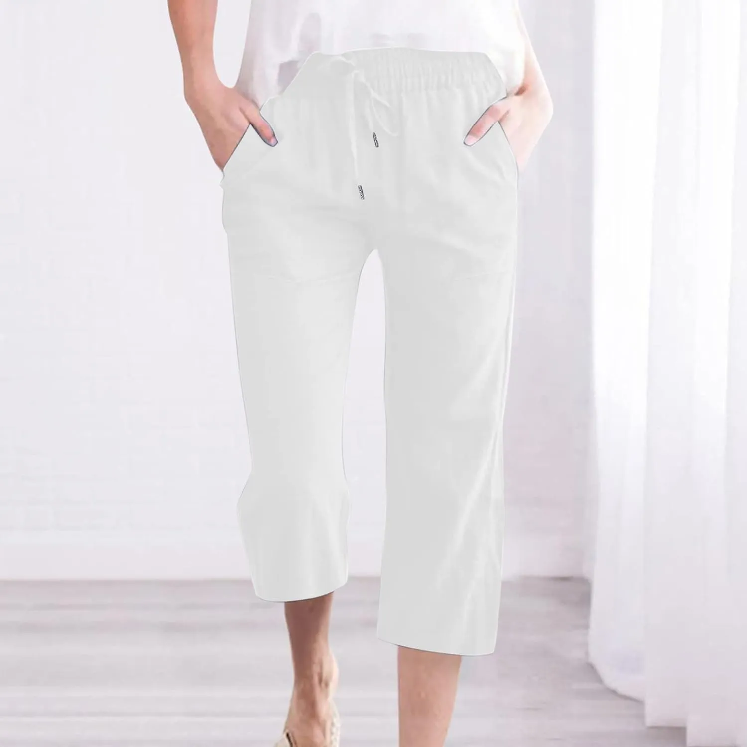 Capri Pants for Women Cotton Linen Summer Pants Elastic Waist Drawstring Wide Leg Capris Beach Travel Vacation Outfits