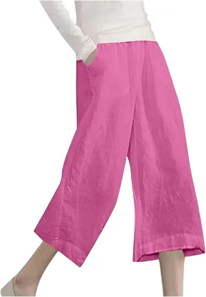 Capri Pants for Women Plus Size Trendy Elastic Waist Wide Leg Linen Pants Summer Beach Lighweight Cropped Trousers