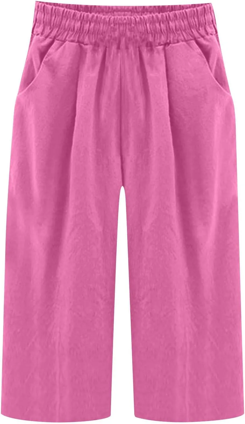 Capri Pants for Women Plus Size Trendy Elastic Waist Wide Leg Linen Pants Summer Beach Lighweight Cropped Trousers