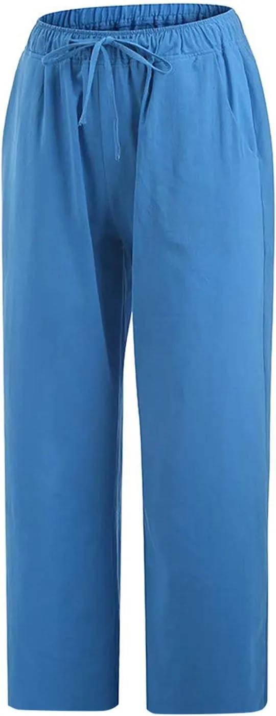 Capris Linen Pants for Women Drawstring Elastic Waist Wide Leg Trousers Solid Color Cropped Pants with Pockets